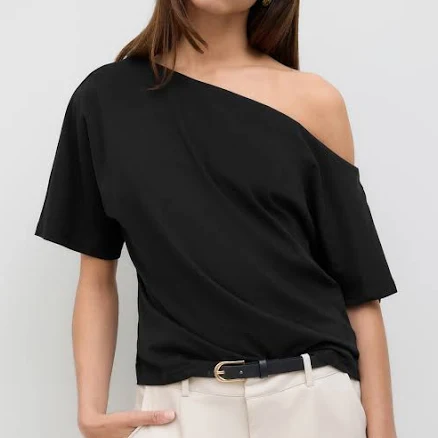 CIDER Women's Knit Fabric Cotton-blend Asymmetrical Neck Ruched Curve-Flattering True-to-Size Tee for Daily Casual & Layering