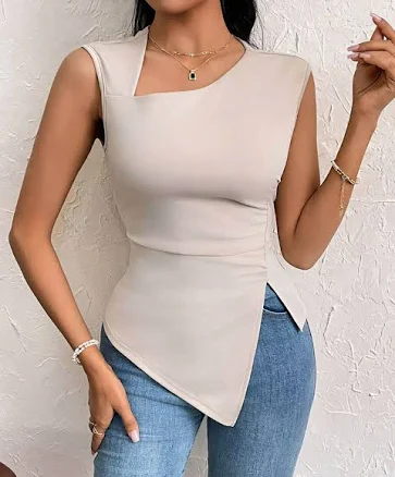 Irregularity Skinny Pleated Split-Side Asymmetric Neckline T-Shirt