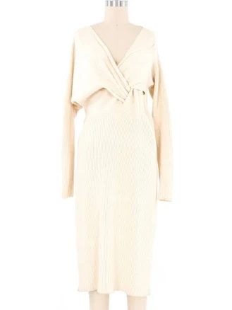 2020 Bottega Veneta Cream Draped Knit Sweater Dress