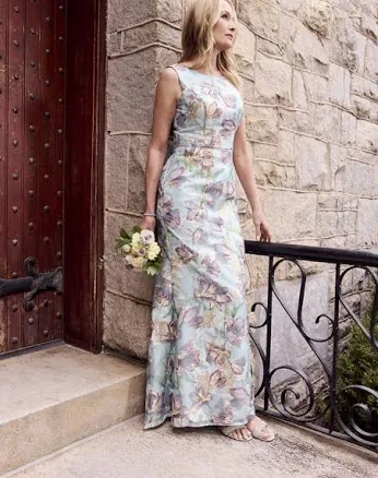 Oleg Cassini Scoop Neck Floral Print Fit And Flare Dress in Blue Multi | Size: 12 | David's Bridal