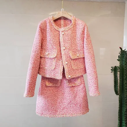 Spring Womens Tweed Pearl Buttons Beaded Celeb Jacket Formal