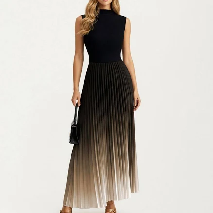 Anna-Kaci Women's Sleeveless Mock Neck Pleated Maxi Dress