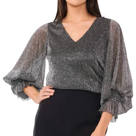 Vince Camuto Women's Metallic V-Neck Sheer-Sleeve Top