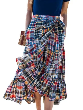 KJP Women's Jacqueline Patchwork Madras Ruffle Wrap Skirt
