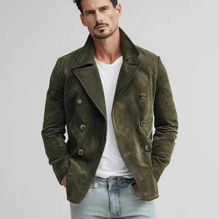 Men's Double-Breasted Suede Peacoat
