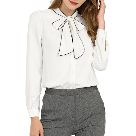 Women's Tie Neck Button Down Work Long Sleeves Blouse Shirts, Size: XL, White