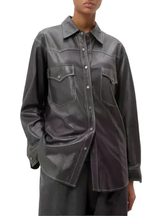 Twp Women's Contrast-stitch Leather Shirt