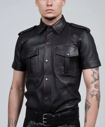 MEN'S REAL LAMB LEATHER SHORT SLEEVES SHIRT CONTRAST STITCHING