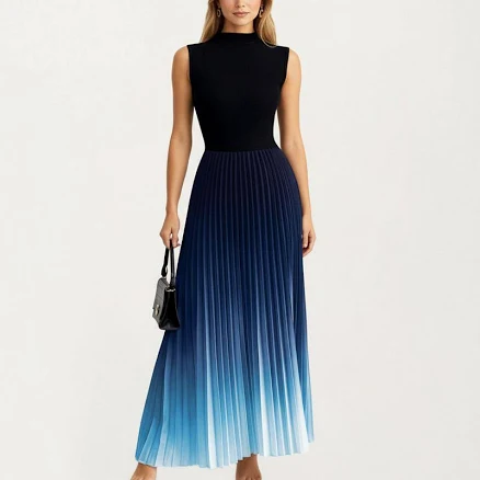 Anna-Kaci Women's Sleeveless Mock Neck Pleated Maxi Dress
