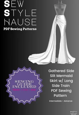 Pleated/Gathered Side Slit Mermaid Skirt w/ Long Side Train PDF Sewing Pattern
