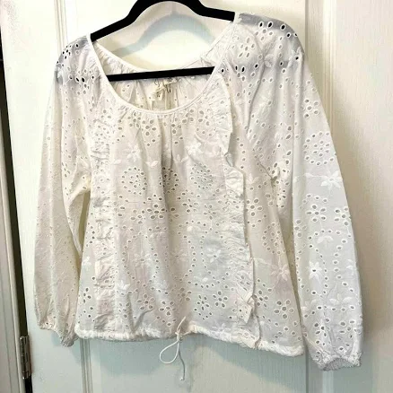 Joie White Pure Cotton Ruffle Trim Eyelet Top Drawstring Waist Beach