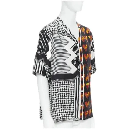 Versace Silk Geometric Heart Print Baseball Shirt M