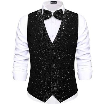 Ties2you Rhinestone Black Dress Vest Mens Solid Velvet V-Neck Suit Vest Bowtie Set