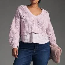 NEW Anthropologie Women Layered Knit Crop Sweater Floral Trim Shirt Lavender