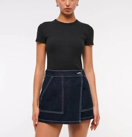 Abercrombie & Fitch Women's Mid Rise Denim Wrap Mini Skirt