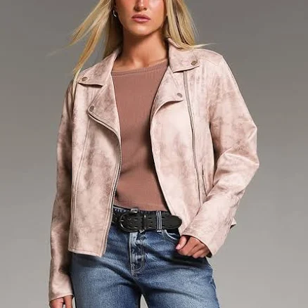 BKE Women's Polyester Faux Suede Moto Jacket with Buckle