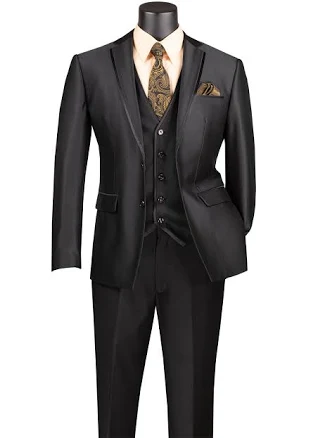 Men's Slim Fit 3 Piece Satin Suit in Black 46 Long - 40 Waist / Black