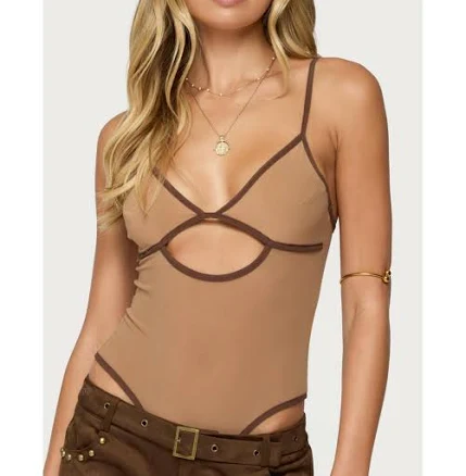 Edikted Women's Contrast Sheer Mesh Cut Out Bodysuit - Brown