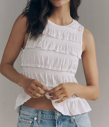 Cotton Shirred Ruffle Tank Top by Maeve in Ivory, Size: Large at Anthropologie