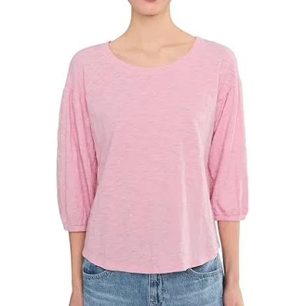 Mod-o-doc Women's 3/4 Shirred Sleeve Open Crew Neck Cotton T-Shirt