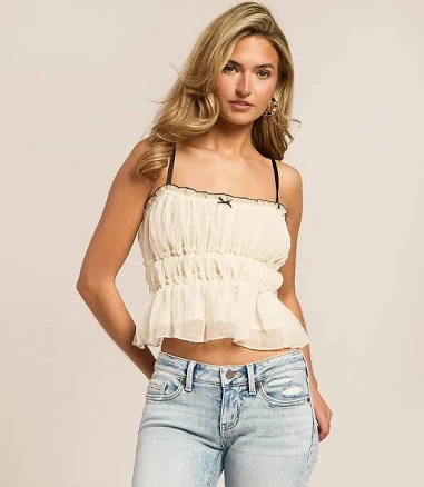 Lush Women's Cropped Polyester Tiered Ruffle Peplum Tank Top