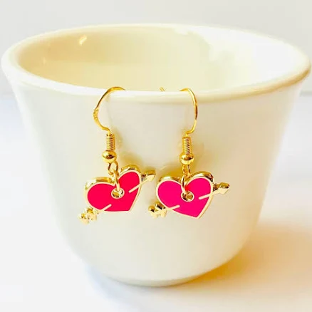 Cupid Arrow Heart Gold Plated Enamel Earrings