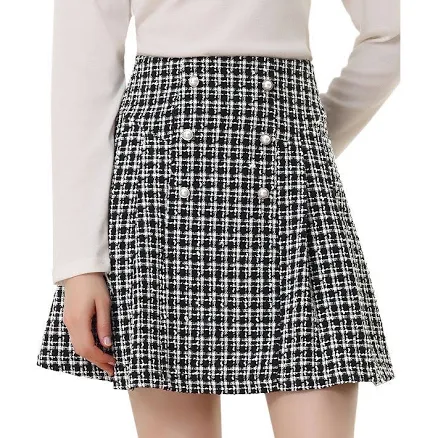 Elegant High Waist A-Line Plaid Tweed Mini Skirt