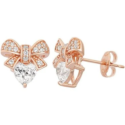 18k Rose Gold Over Silver Bow & Heart Stud Earrings