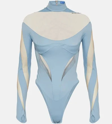 Mugler, Paneled bodysuit, Women, Blue, US 12, Tops, Materialmix