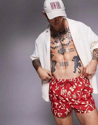 ASOS DESIGN swim shorts in super short length in red floral print