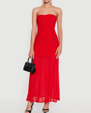 Layered Look Pintuck Mesh Hem Dress