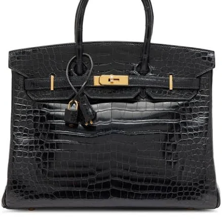 Pre-owned Hermes Birkin 35 Black Shiny Porosus Crocodile Palladium Hardware