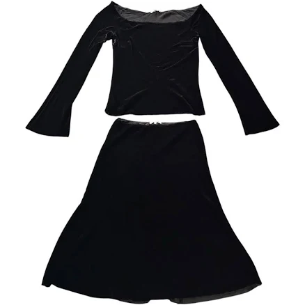Beautiful People Black Velvet Long Sleeve Top + Midi Skirt Sz M