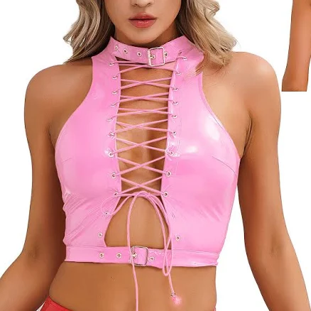 Women Crop Top With Garter Underwear Patent Leather Clubwear Wet Look