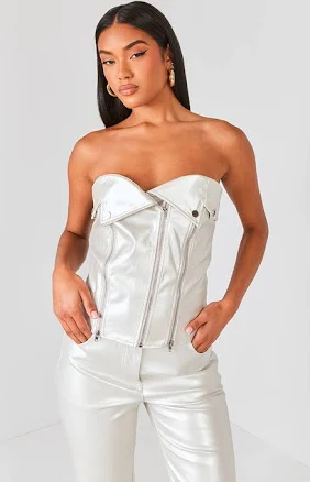 PrettyLittleThing Women's Metallic Faux Leather Biker Corset