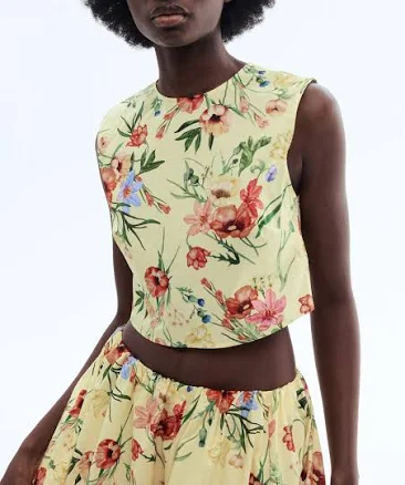 Ladies H&M Light Yellow/Floral Cropped poplin top