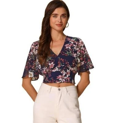 Inspire CHIC Women's Floral Flare Short Sleeve Smocked Crop Top
