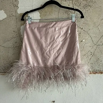 Mini Skirt Feather Trim Blush Pink Glossy Patent Coquette Party Size