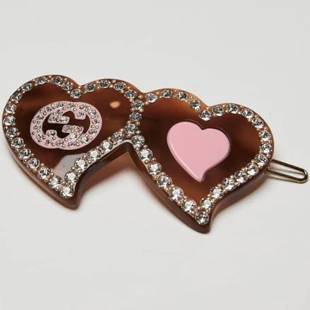 Gucci Tortoise Shell & Pink Double Heart GG Crystal Hair Clip