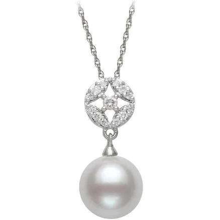 14K White Gold Akoya Freshwater Cultured Pearl and Diamond Pendant