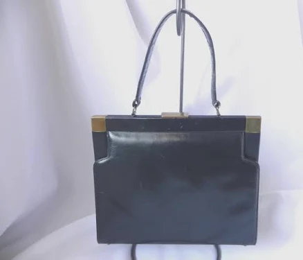 Vintage Jana Mid Century Modern Black Leather Handbag Purse
