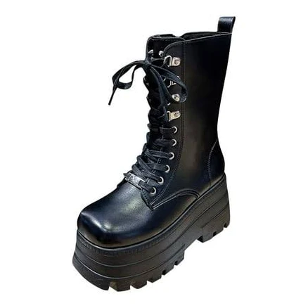 Women's Platform Mid Calf Lace Up Motorcycle Boots