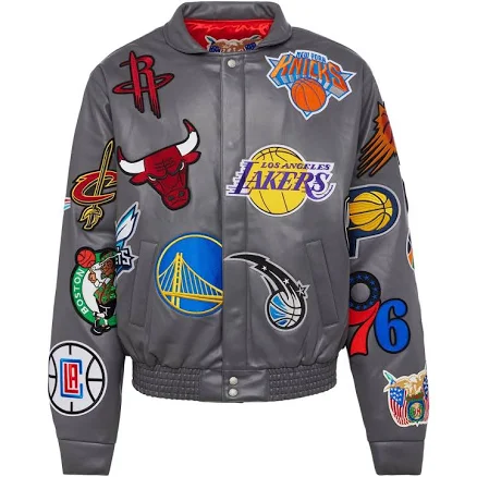 Nba Collage Vegan Leather Jacket Varsity Jacket Nba Teams Patchwork