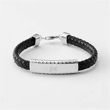 Engraved Sterling and Leather ID Bracelet for Him
