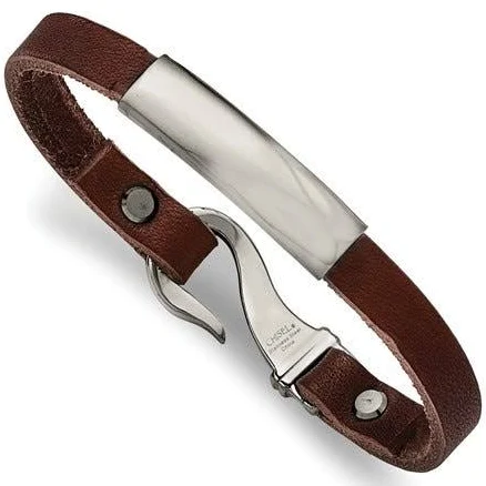 Stainless Steel Engraved Men's ID Bracelet with Brown Leather