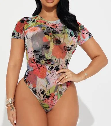 Fashion Nova Women's Bouquet of Flowers Mesh Bodysuit Combo
