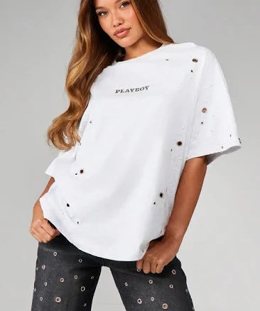 MISSGUIDED Oversized Distressed T-Shirt With Metal Eyelet Holes And Crew Neckline Short Sleeve Cotton Top