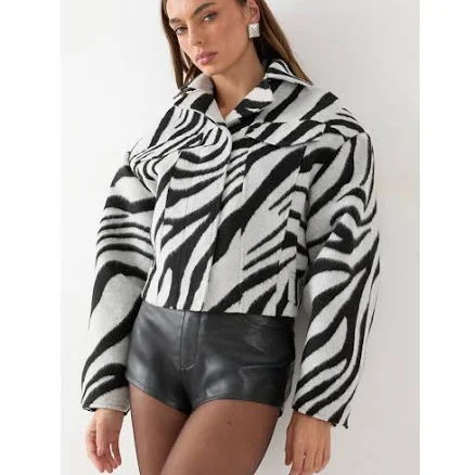Misspap Women's Zebra Cropped Collared Denim Jacket