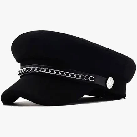 Chain Trim Black Wool Blend Baker Boy Hat