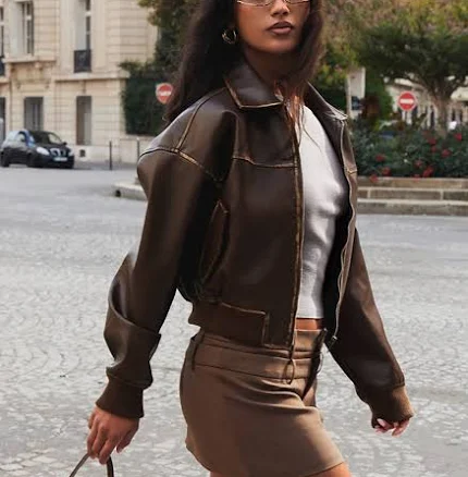 PrettyLittleThing Women's Cropped Faux Leather Bomber Jacket